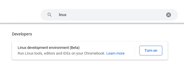 Página de configuración de ChromeOS con Linux incluido en la barra de búsqueda