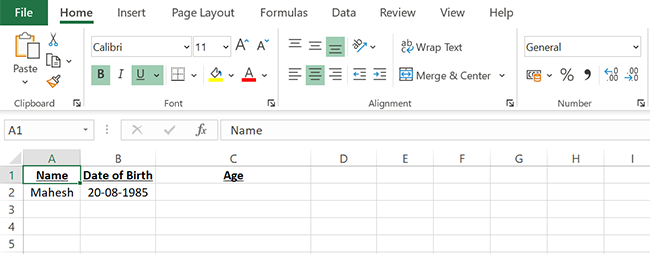 Una hoja de cálculo de muestra para encontrar la edad en Excel.