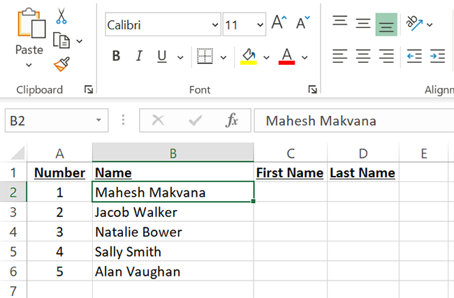 Una hoja de cálculo de Excel que contiene el nombre completo de una persona.