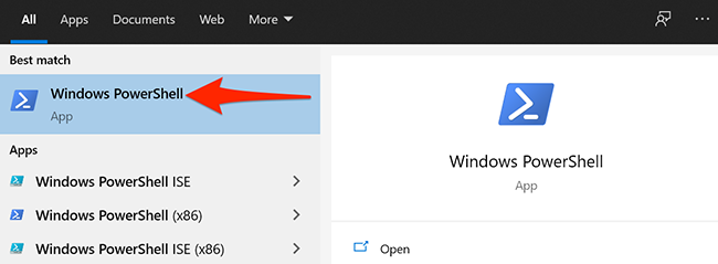 Seleccione Windows PowerShell en el menú Inicio de Windows.