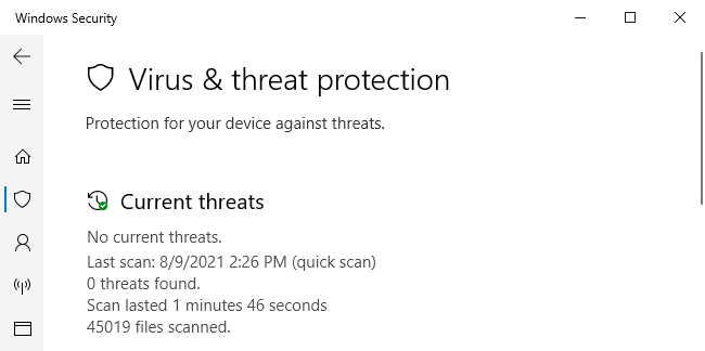 Aplicación de seguridad de Windows que muestra el estado de Microsoft Defender.