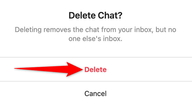 Seleccione Eliminar en el aviso de eliminación de chat en el sitio web de Instagram.
