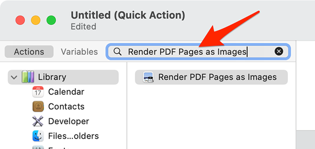 Busque la acción Renderizar páginas PDF como imagen en Automator.