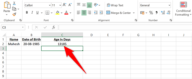Edad en días en Excel.
