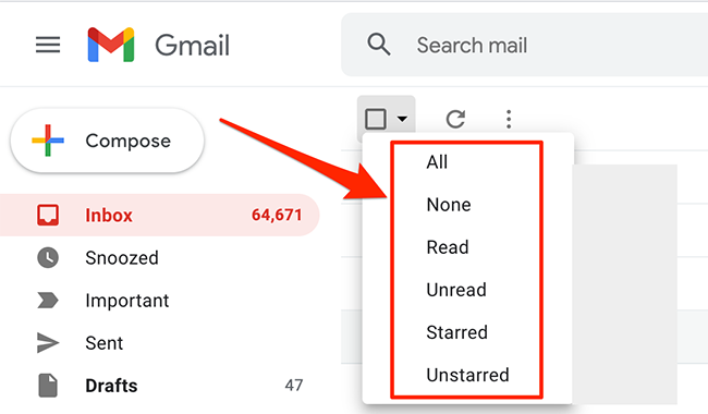 Seleccione correos electrónicos por estado en Gmail.