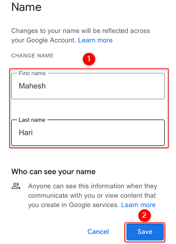 Cambiar el nombre de la cuenta de Google en el iPhone.