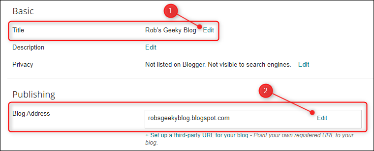 Configuraciones, resalta el título y la dirección del blog.