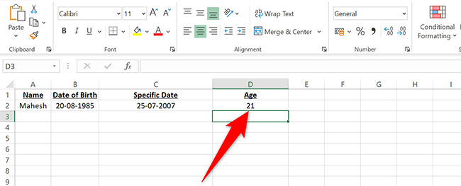 Edad en una fecha específica en la celda D2 en Excel.