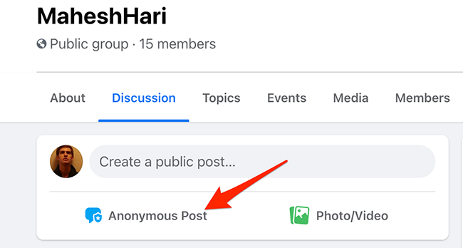 Seleccione Publicaciones anónimas en la pantalla Grupos en el sitio de Facebook.