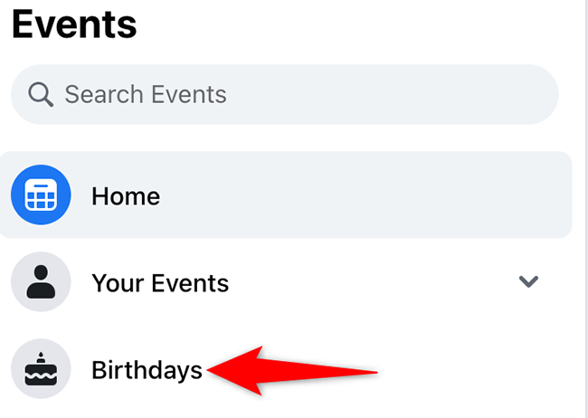 Seleccione Cumpleaños en la página Eventos del sitio de Facebook.