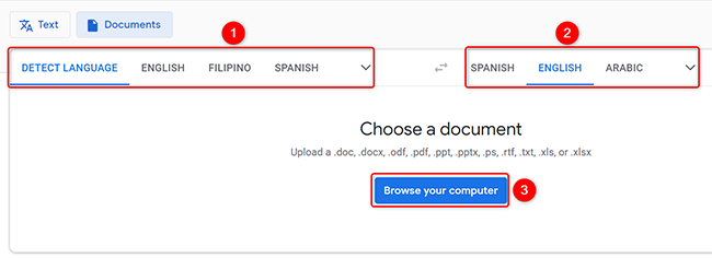 Especifique las opciones de traducción de PDF en Google Translate.
