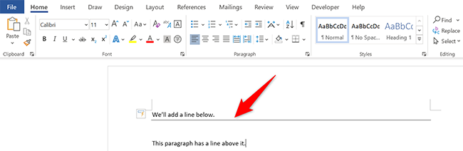 Se agrega una línea en el documento de Word.