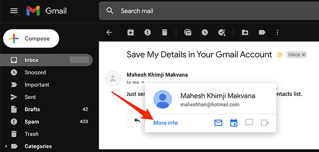 Seleccione Más información en la tarjeta de remitente de un correo electrónico en Gmail.
