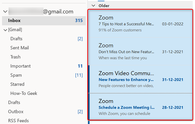 Elimine correos electrónicos consecutivos en Outlook en el escritorio.