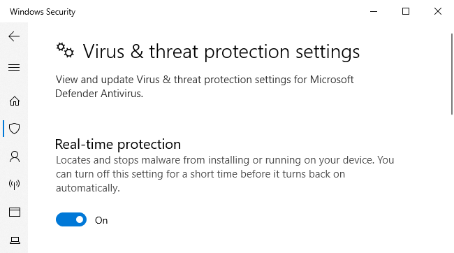 Opciones de protección en tiempo real en Seguridad de Windows.