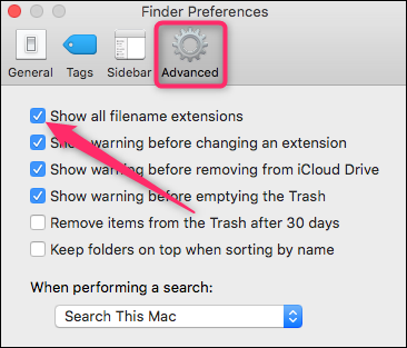 Abra el menú Preferencias del Finder, seleccione la pestaña Avanzado y marque la casilla Mostrar todas las extensiones de archivo