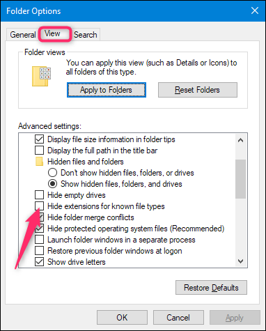 Abra el menú Opciones de carpeta en Windows, vaya a la pestaña Ver y desmarque la casilla Ocultar extensiones para tipos de archivos conocidos.