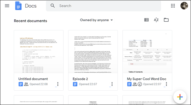 Vista previa de la página de inicio de Google Docs
