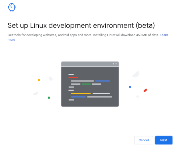 Diálogo de confirmación para la instalación de ChromeOS Linux