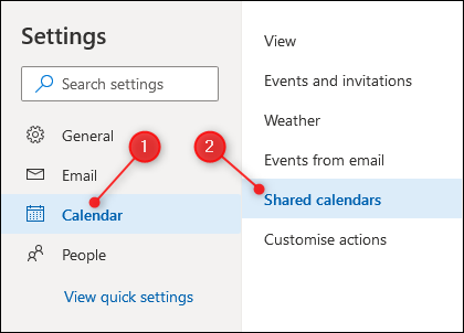 Resalte la configuración del calendario de Outlook para la configuración del calendario compartido.