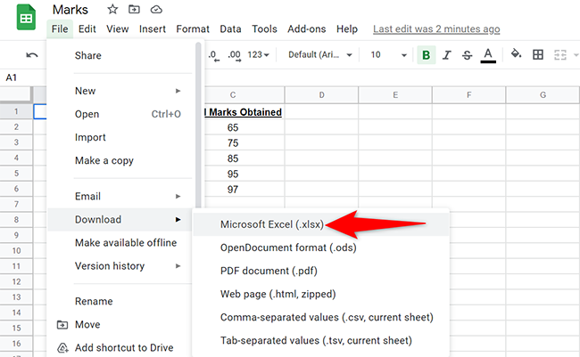 Seleccione Archivo > Descargar > Microsoft Excel en la barra de menú de Hojas de cálculo de Google. ></p>
<p>Verá la ventana Guardar estándar de su computadora donde puede guardar el archivo de Excel generado. Desde esta ventana, seleccione una carpeta para guardar su Escriba un nombre y haga clic en Guardar.</p>
<p><img class=