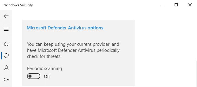 Opción de análisis periódico para Microsoft Defender Antivirus en Windows Security.