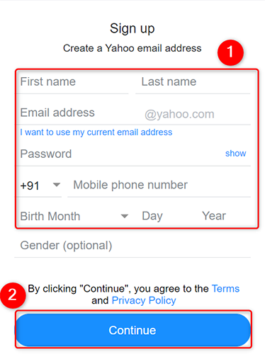 Rellena el formulario de registro de Yahoo.