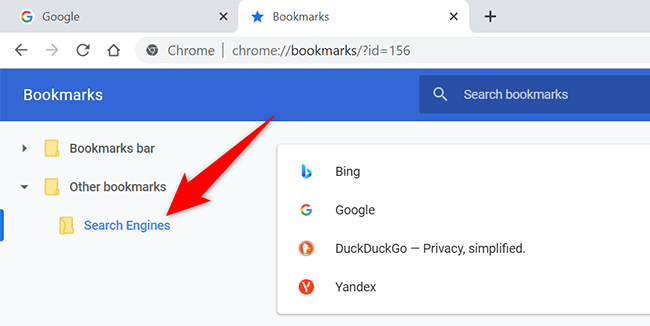 Seleccione una carpeta de marcadores en la página de marcadores de Chrome.