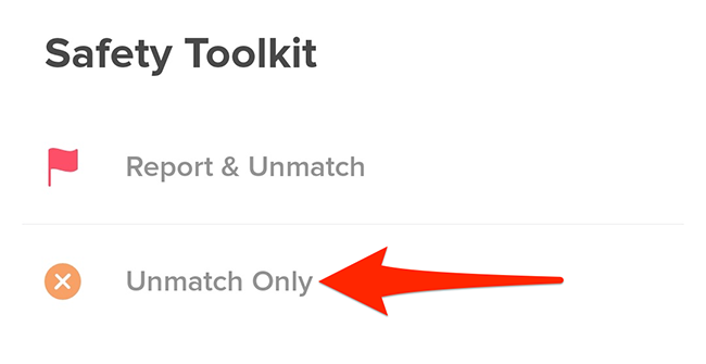 Haz clic en No emparejar solo en el menú del kit de herramientas de seguridad de Tinder.