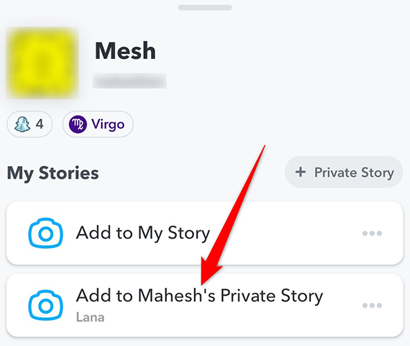 Toca Historia privada en tu página de perfil de Snapchat.