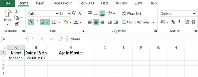 Hoja de cálculo de muestra para encontrar la edad en meses en Excel.