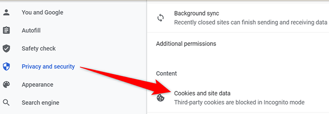 Seleccione Cookies y datos del sitio en la página Configuración del sitio de Chrome para escritorio.