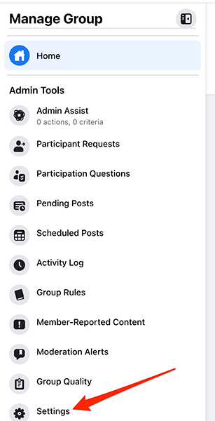 Seleccione la configuración para grupos en el sitio de Facebook desde Herramientas de administración.