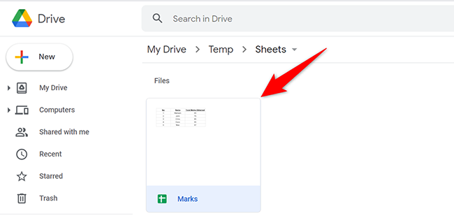 Encuentre Hojas de cálculo de Google en el sitio web de Google Drive.