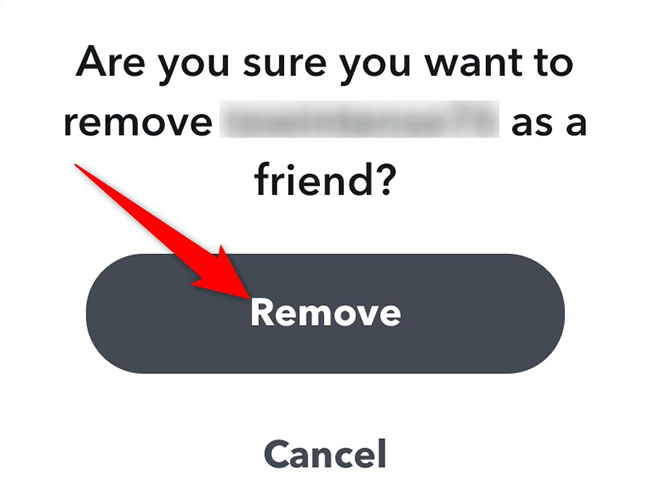 Toque Eliminar en el aviso de eliminación de amigos de Snapchat.