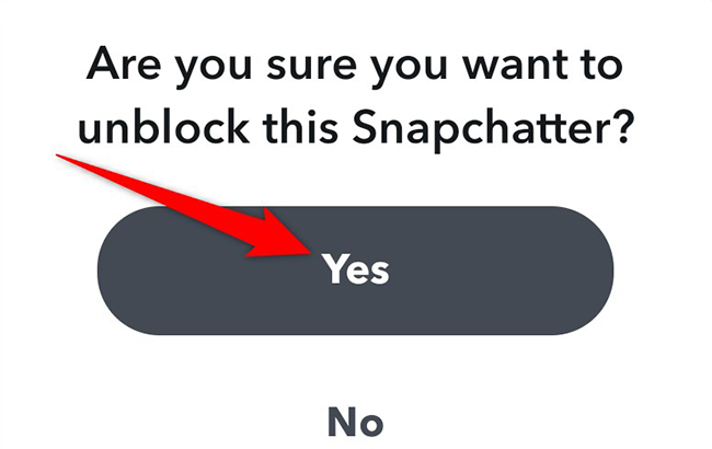 Toque Sí en el mensaje de desbloqueo de Snapchat.