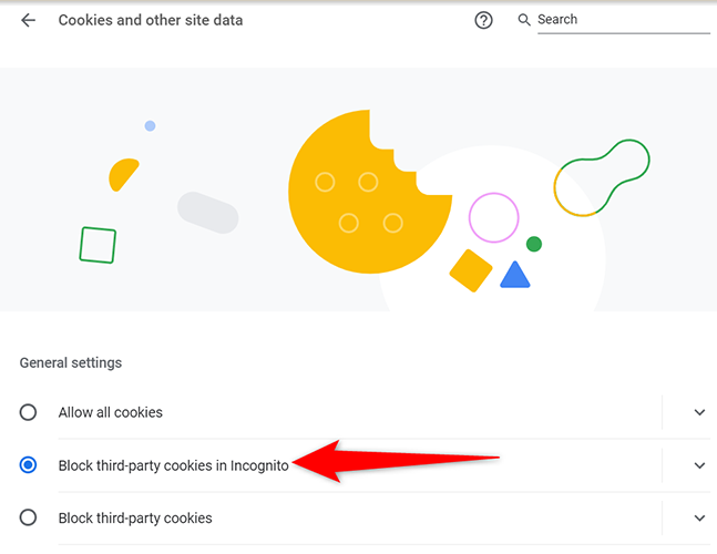 Habilite Bloquear cookies de terceros de incógnito en la página Cookies y otros datos del sitio de Chrome para escritorio.