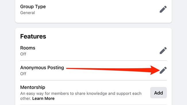 Elija publicar de forma anónima en la pantalla de configuración del grupo de Facebook.