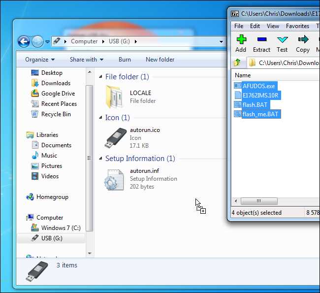 Un actualizador de BIOS estilo DOS tradicional en una unidad USB de arranque en Windows 7.
