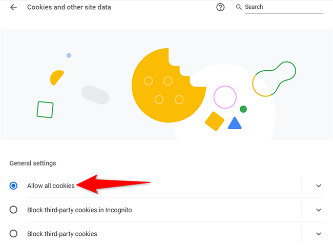 Active Permitir todas las cookies en la página Cookies y otros datos del sitio de Chrome para escritorio.