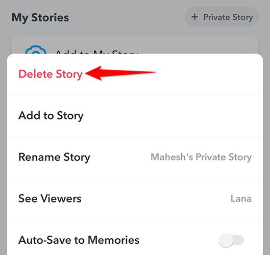 Seleccione Eliminar historia en el menú de tres puntos en una historia privada en Snapchat.