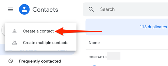 Seleccione Crear contacto > Crear contacto en Contactos de Google. ></p>
<p>Contactos de Google abrirá la ventana ‘Crear nuevo contacto’. Aquí, complete los detalles del contacto que desea agregar. Por ejemplo, haga clic en el campo ‘Nombre’ e ingrese el nombre de la persona. primer nombre, seleccione Correo electrónico e ingrese la dirección de correo electrónico de la persona, etc.</p>
<p>Cuando haya ingresado todos los detalles requeridos para guardar, haga clic en Guardar.</p>
<p><img class=