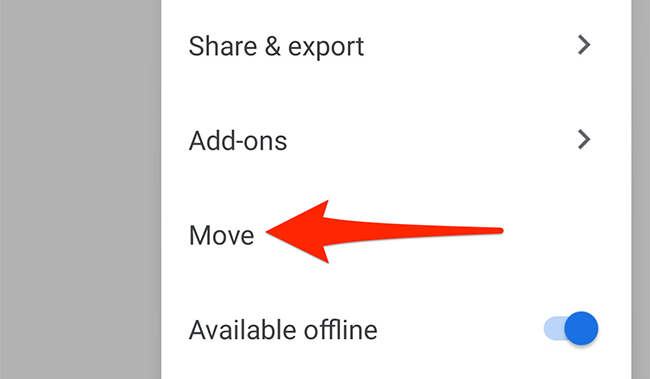 Seleccione Mover en el menú de tres puntos en la aplicación Google Docs.