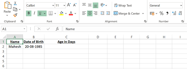 Hoja de cálculo de muestra para encontrar la edad en días en Excel.