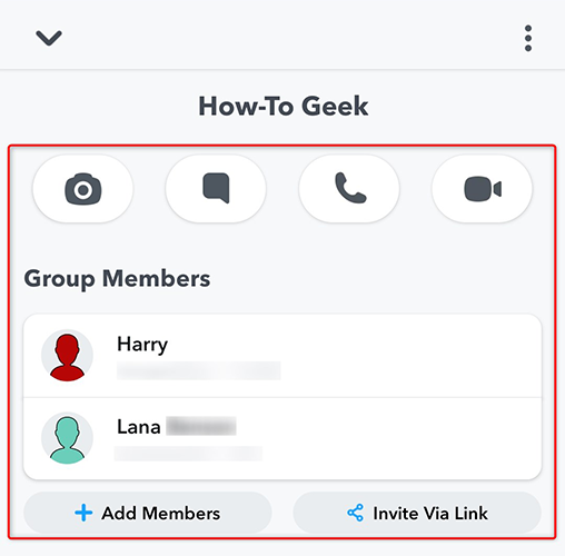 Opciones de gestión de grupos de Snapchat.