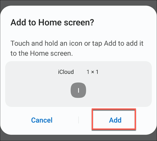 Haga clic en el botón Agregar para agregar su aplicación iCloud PWA a la pantalla de inicio