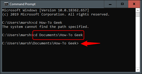 El comando cd DocumentsHow-To Geek en el símbolo del sistema.