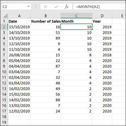 Ejemplo de conjunto de datos de Excel, ordenado por mes usando la fórmula MES y la función de clasificación