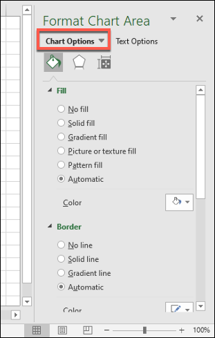 La sección Opciones de gráfico del menú Dar formato al área del gráfico, que le permite realizar más cambios de formato en el gráfico de Excel