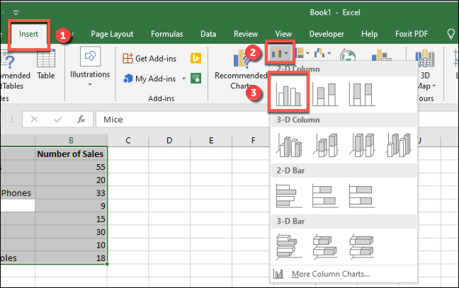 Presione Insertar > Insertar columna o gráfico de barras > Gráfico agrupado para insertar un gráfico de barras estándar en Excel”></p>
<p>Excel obtendrá automáticamente los datos de su conjunto de datos para crear el gráfico en la misma hoja de trabajo usando sus columnas. establecer etiquetas para ejes y títulos de gráficos. Puede mover o cambiar el tamaño del gráfico a otra ubicación en la misma hoja de trabajo, o cortar o copiar el gráfico a otra hoja de trabajo o archivo de libro de trabajo.</p>
<p >Para nuestro ejemplo, los datos de ventas se ha convertido en un gráfico de barras que muestra una comparación del número de ventas de cada producto electrónico.</p>
<p><img class=